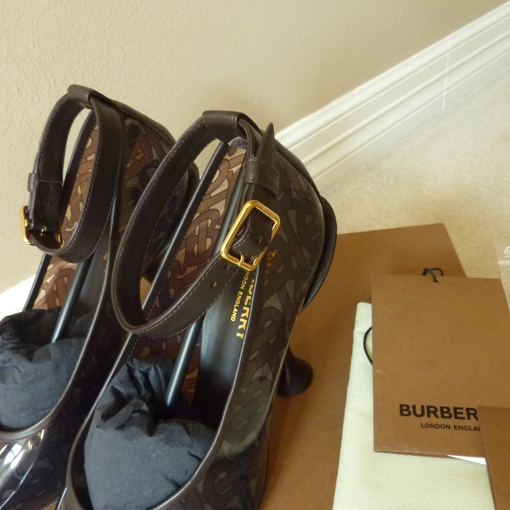 BURBERRY 'Evan' TB Monogram Logo Ankle-Strap Transparent Pumps (Brown) - 7B - Picture 7 of 15